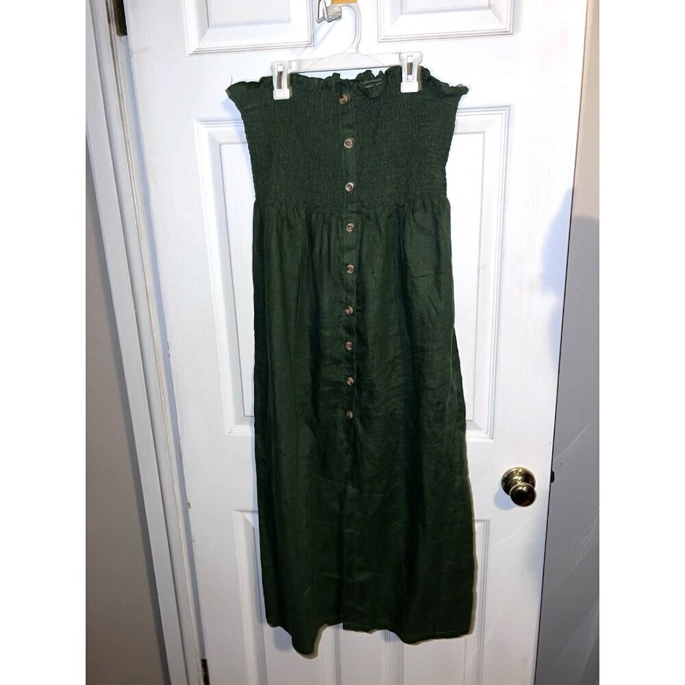 FAITHFULL THE BRAND Green Linen Smocked Sleeveless Midi Dress Button Down Sz 10